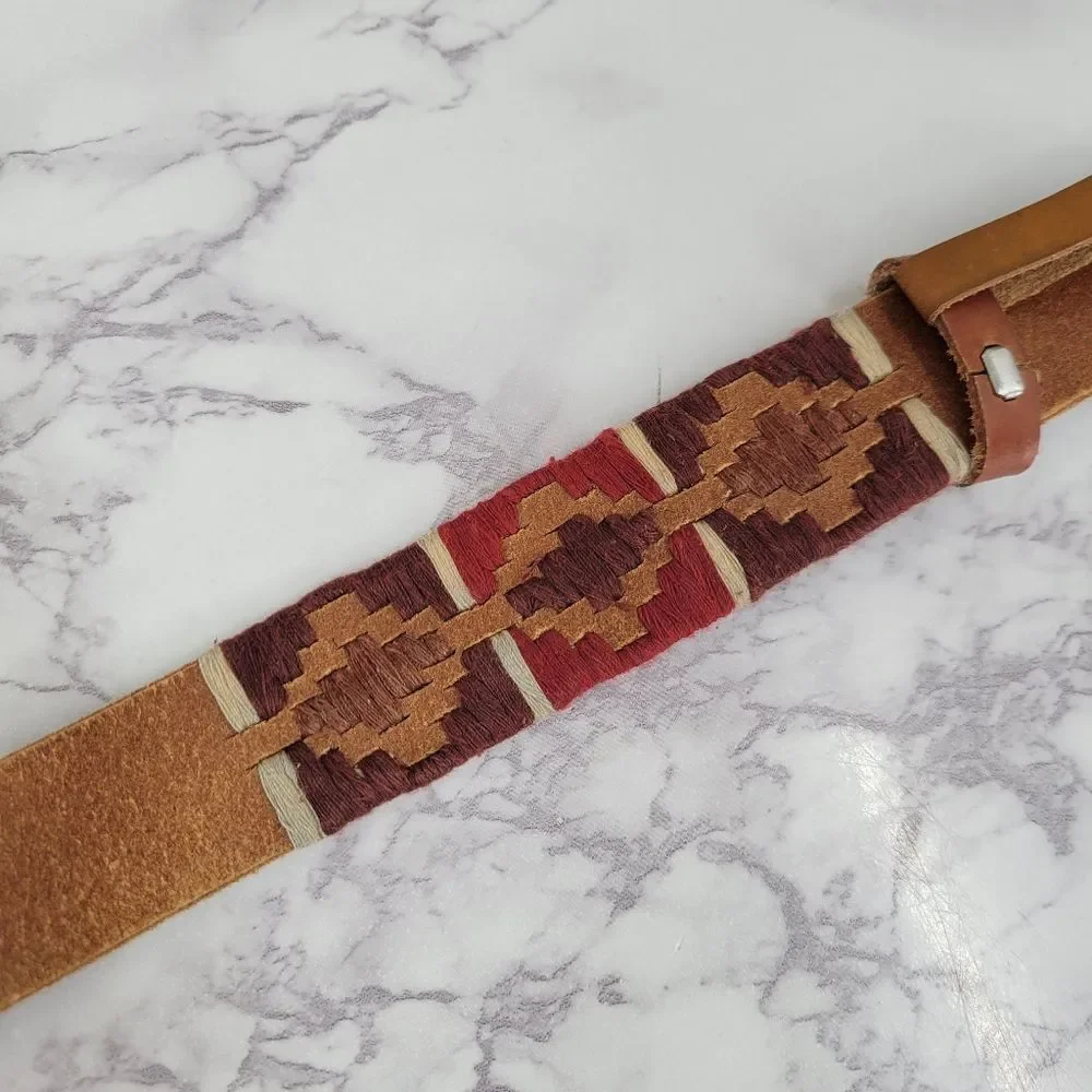 Loft Belt Leather Western Aztec Embroidered Brown and Red Patterned